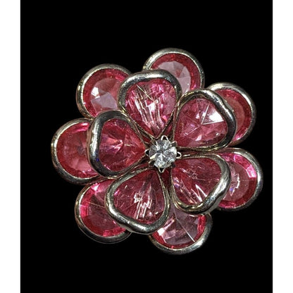 Fairycore Coquette Floral Ring Silver Tone With Pink Gems Adjustable Size 7