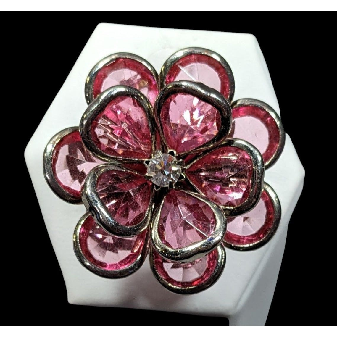 Fairycore Coquette Floral Ring Silver Tone With Pink Gems Adjustable Size 7