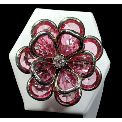 Fairycore Coquette Floral Ring Silver Tone With Pink Gems Adjustable Size 7
