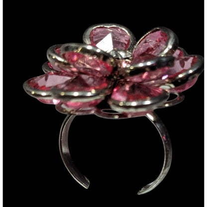 Fairycore Coquette Floral Ring Silver Tone With Pink Gems Adjustable Size 7