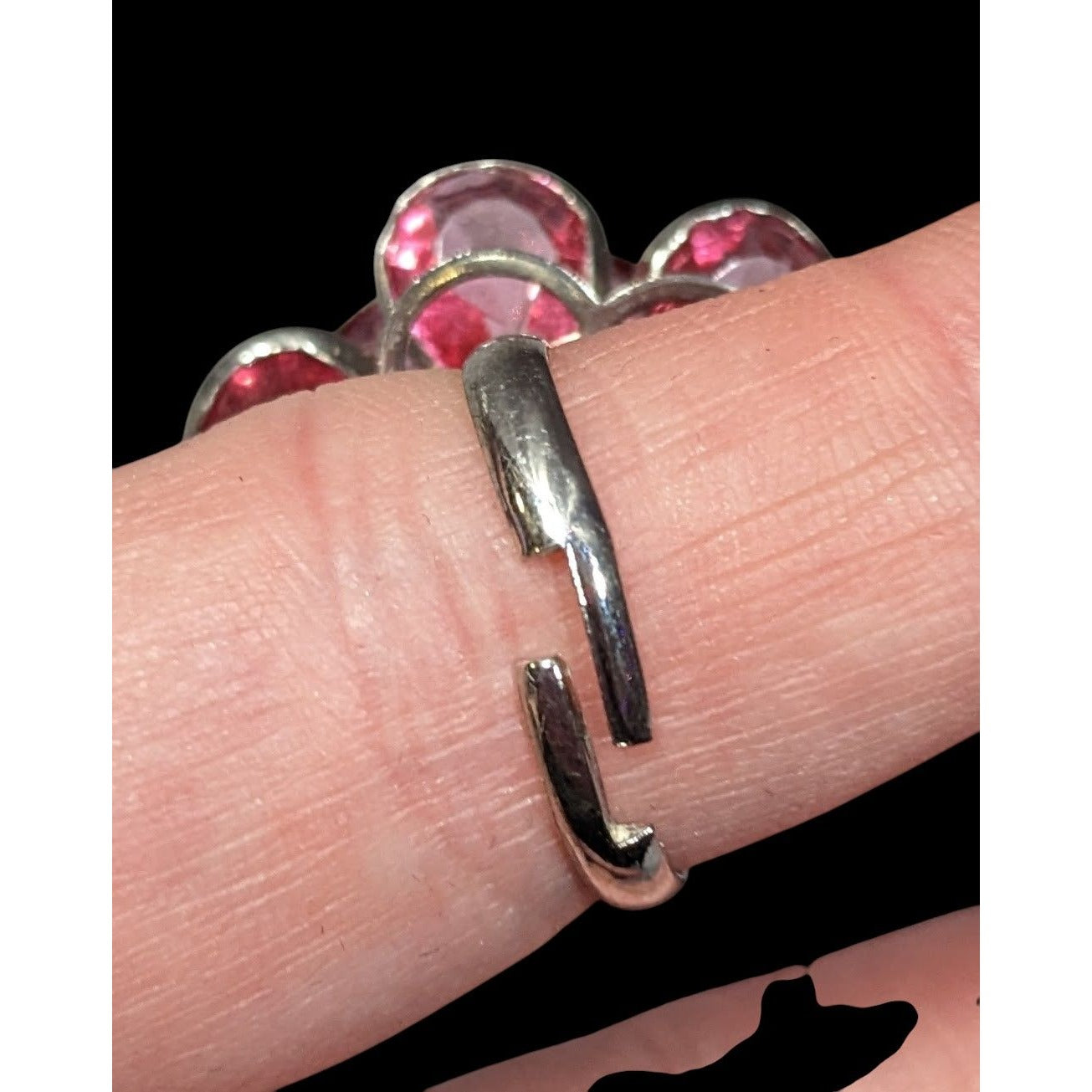 Fairycore Coquette Floral Ring Silver Tone With Pink Gems Adjustable Size 7