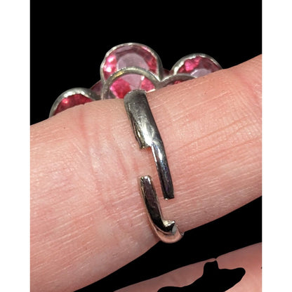 Fairycore Coquette Floral Ring Silver Tone With Pink Gems Adjustable Size 7