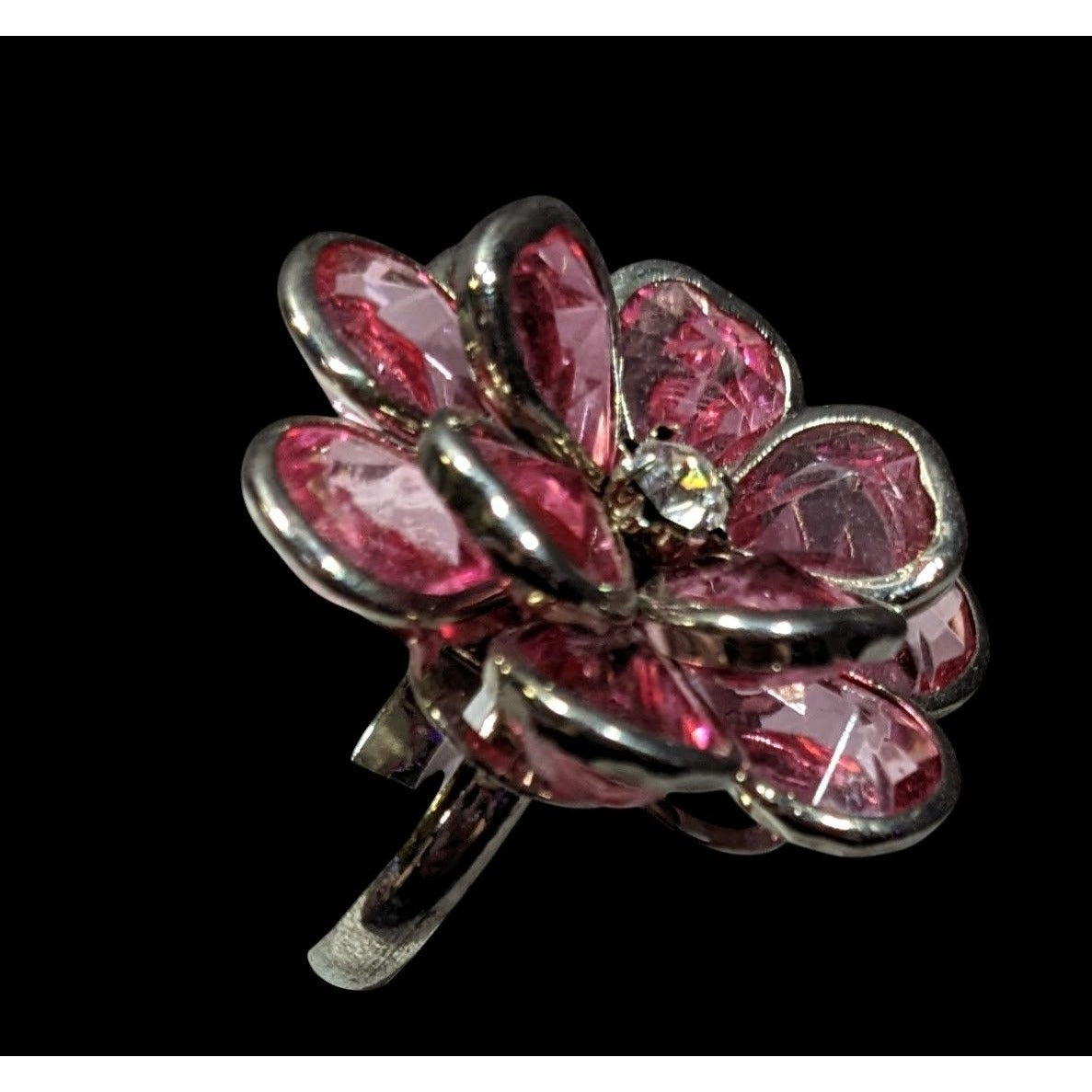 Fairycore Coquette Floral Ring Silver Tone With Pink Gems Adjustable Size 7