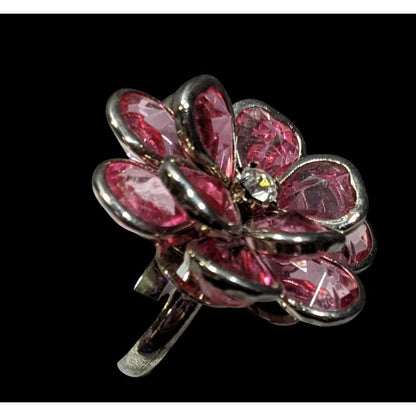 Fairycore Coquette Floral Ring Silver Tone With Pink Gems Adjustable Size 7