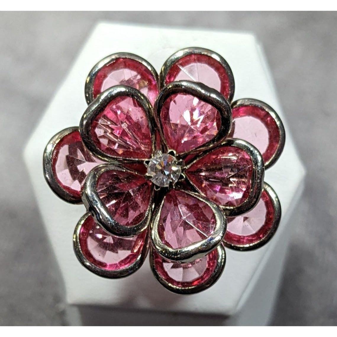 Fairycore Coquette Floral Ring Silver Tone With Pink Gems Adjustable Size 7