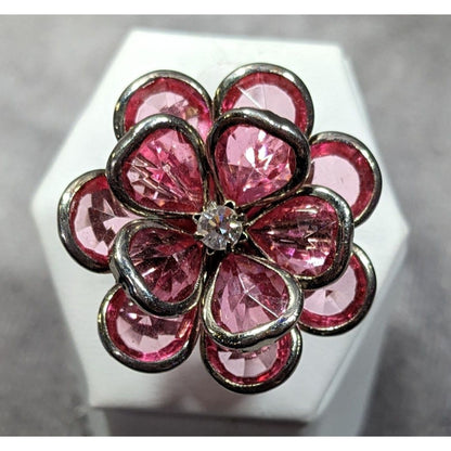 Fairycore Coquette Floral Ring Silver Tone With Pink Gems Adjustable Size 7