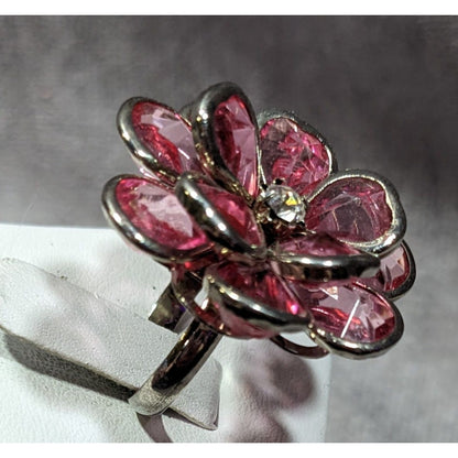 Fairycore Coquette Floral Ring Silver Tone With Pink Gems Adjustable Size 7