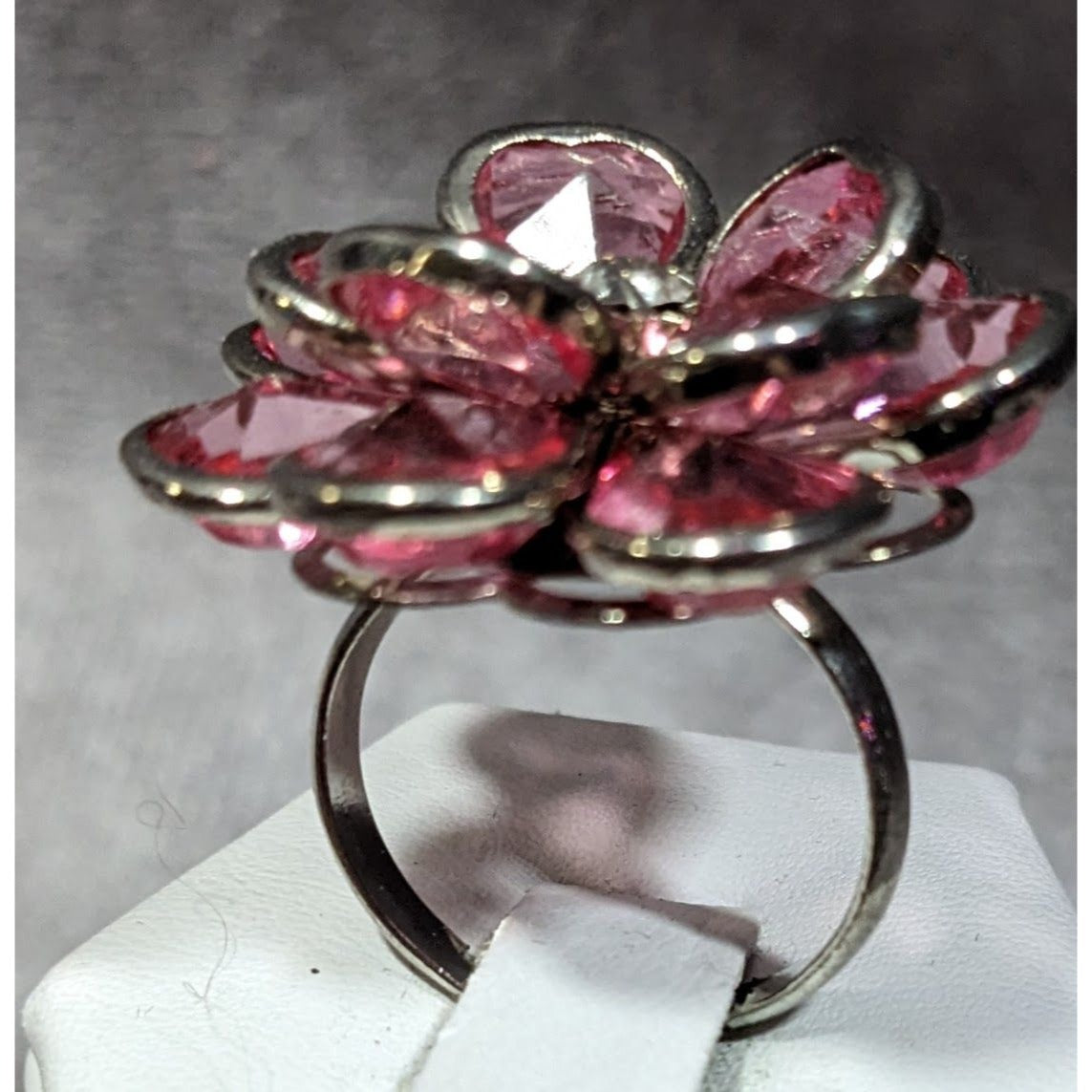 Fairycore Coquette Floral Ring Silver Tone With Pink Gems Adjustable Size 7