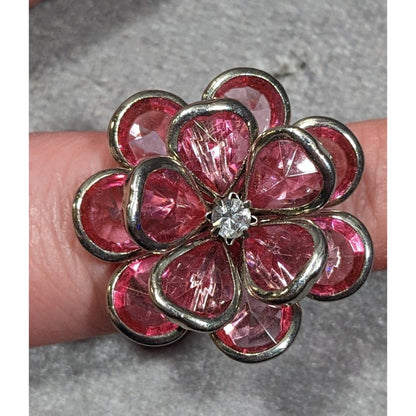 Fairycore Coquette Floral Ring Silver Tone With Pink Gems Adjustable Size 7