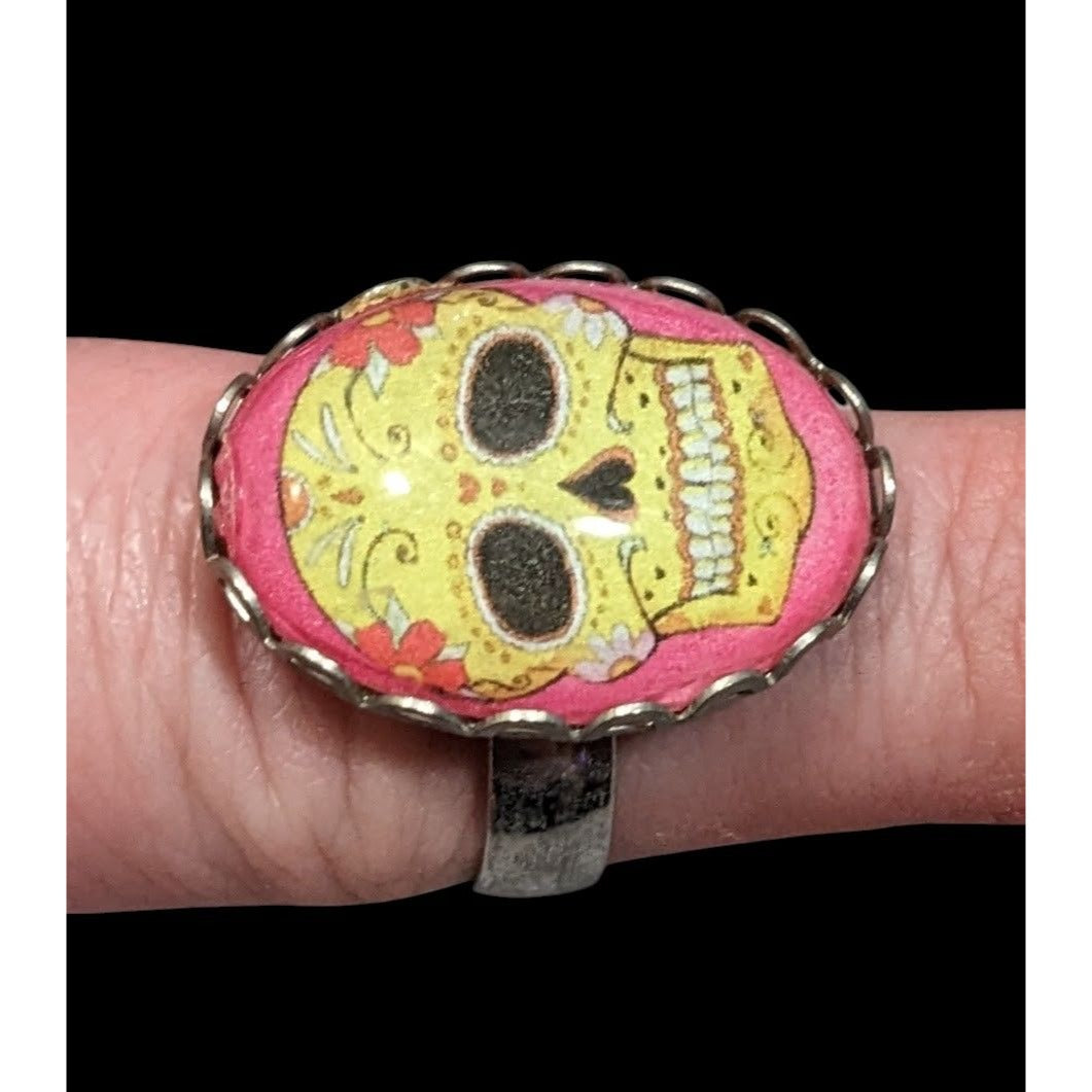 Gothic Sugar Skull Dome Cabochon Adjustable Ring Size 8