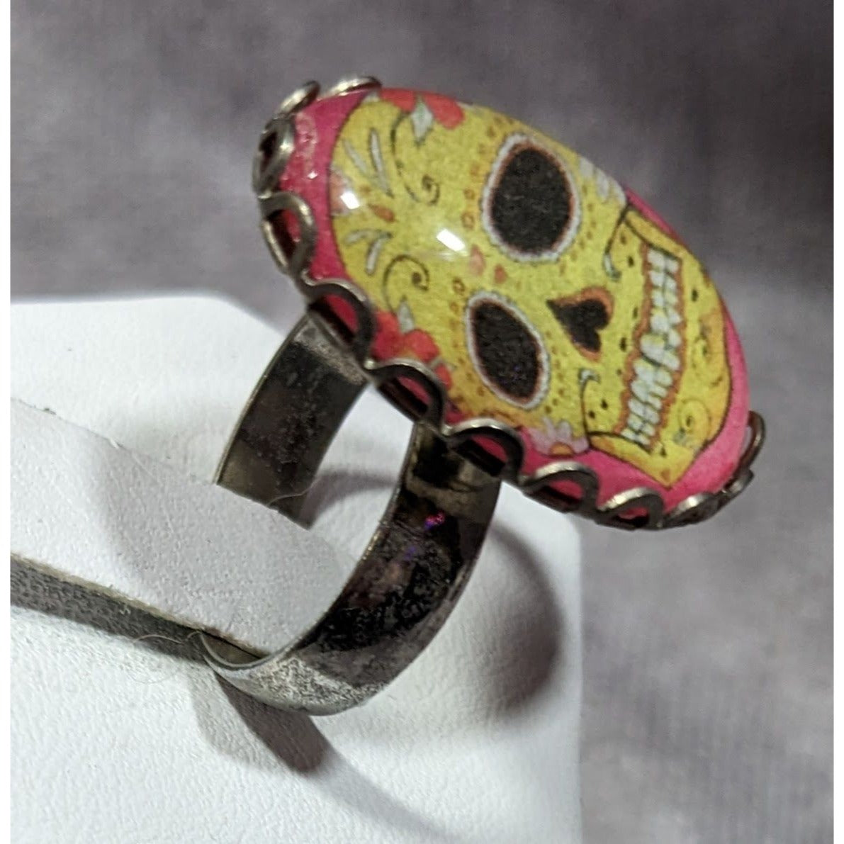 Gothic Sugar Skull Dome Cabochon Adjustable Ring Size 8