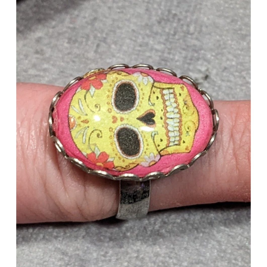 Gothic Sugar Skull Dome Cabochon Adjustable Ring Size 8