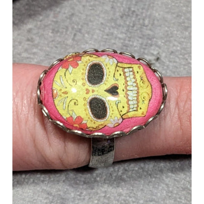 Gothic Sugar Skull Dome Cabochon Adjustable Ring Size 8