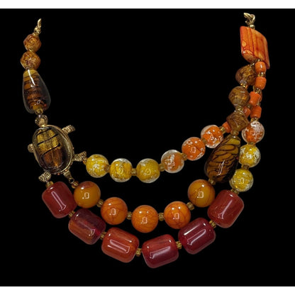 Chicos Turtle Necklace Red Yellow And Orange With Glass And Rhinestones