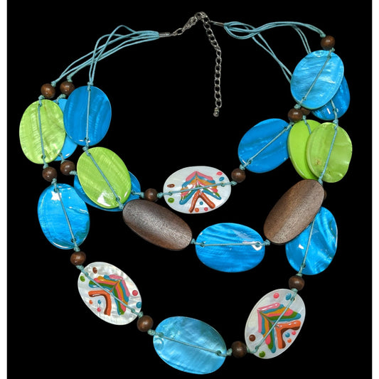 Vintage Boho Necklace W/ Blue Green & Hand-Painted Shell Beads
