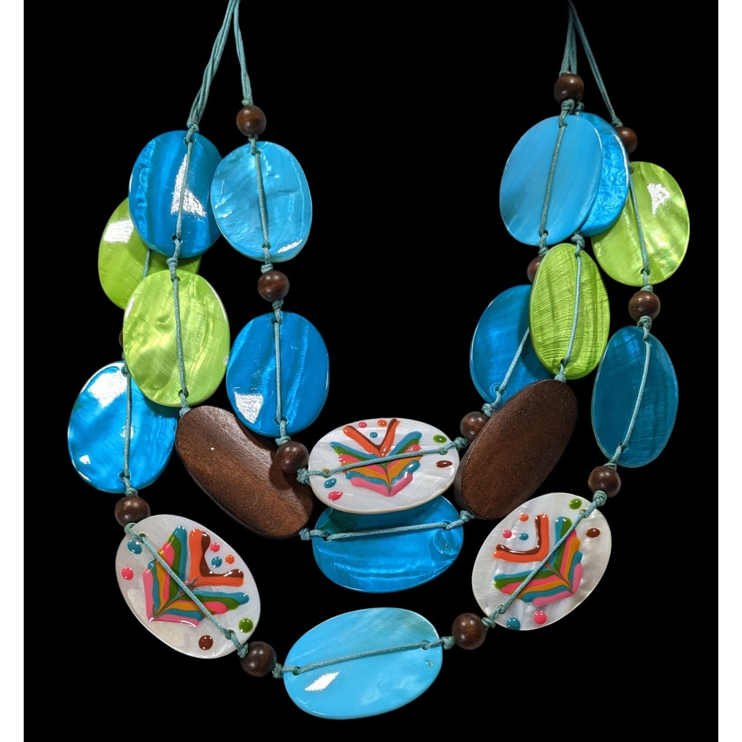 Vintage Boho Necklace W/ Blue Green & Hand-Painted Shell Beads