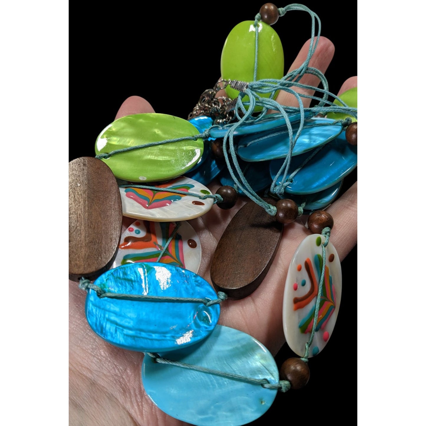 Vintage Boho Necklace W/ Blue Green & Hand-Painted Shell Beads
