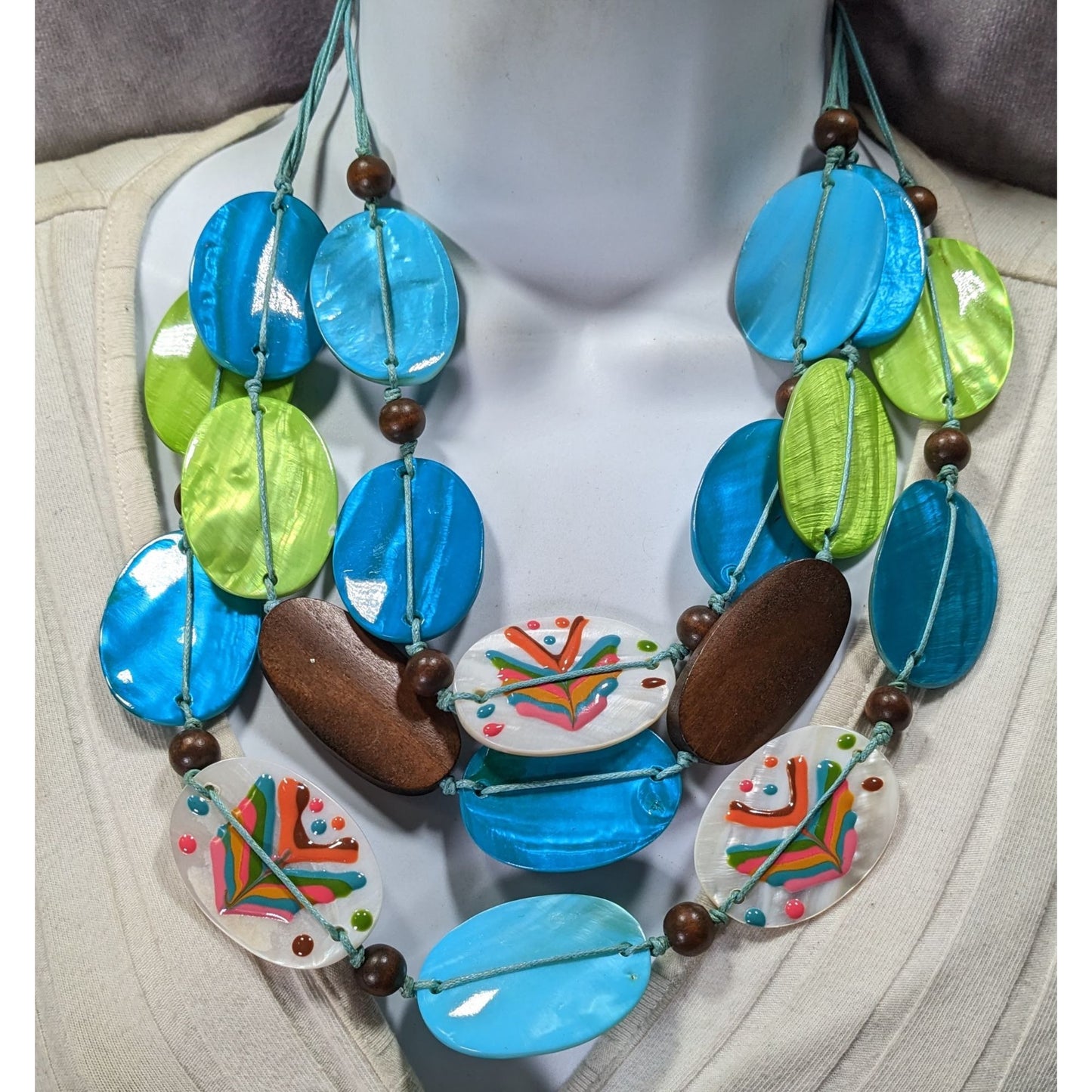 Vintage Boho Necklace W/ Blue Green & Hand-Painted Shell Beads