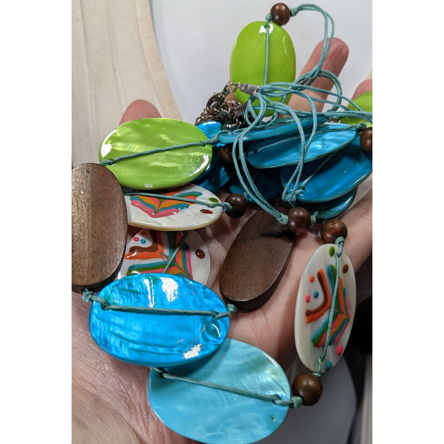 Vintage Boho Necklace W/ Blue Green & Hand-Painted Shell Beads