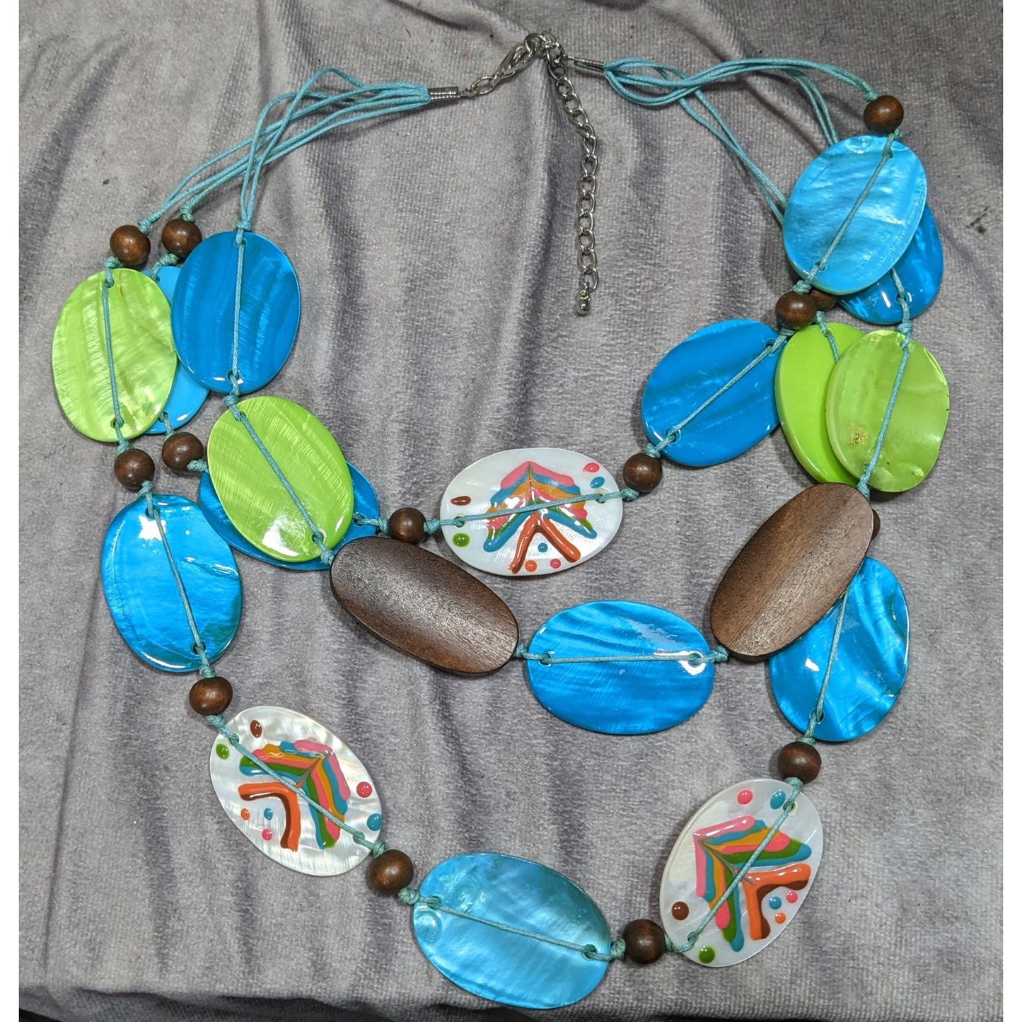 Vintage Boho Necklace W/ Blue Green & Hand-Painted Shell Beads