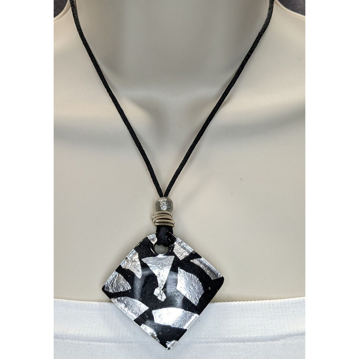 Vintage Black & Silver Abstract Glass Pendant Necklace