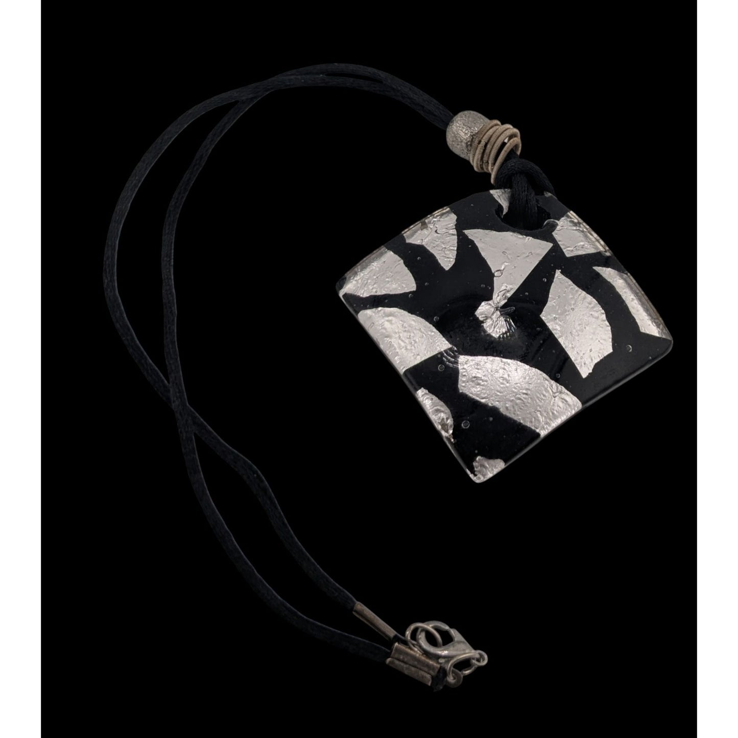 Vintage Black & Silver Abstract Glass Pendant Necklace