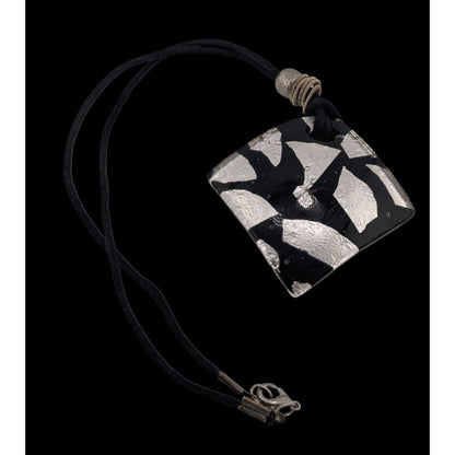 Vintage Black & Silver Abstract Glass Pendant Necklace