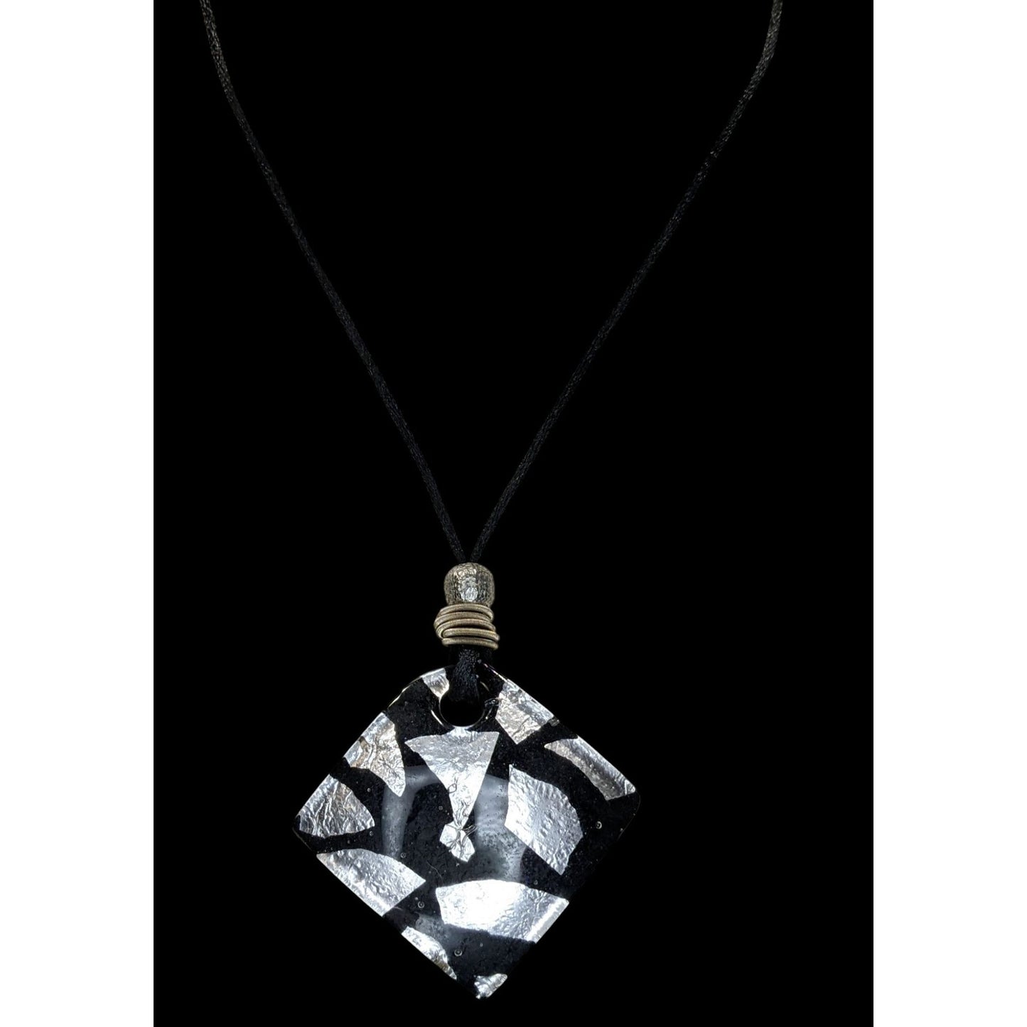Vintage Black & Silver Abstract Glass Pendant Necklace