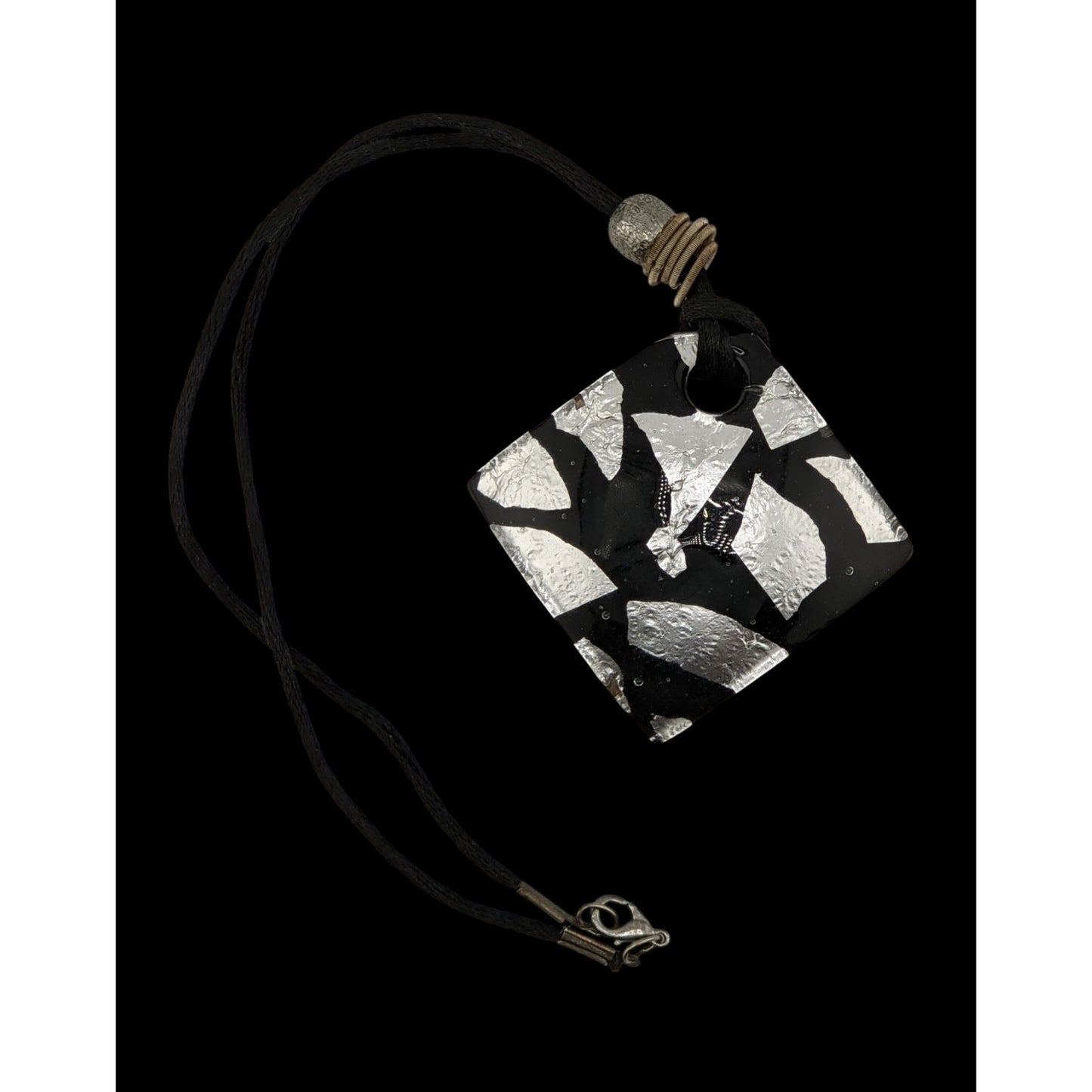 Vintage Black & Silver Abstract Glass Pendant Necklace