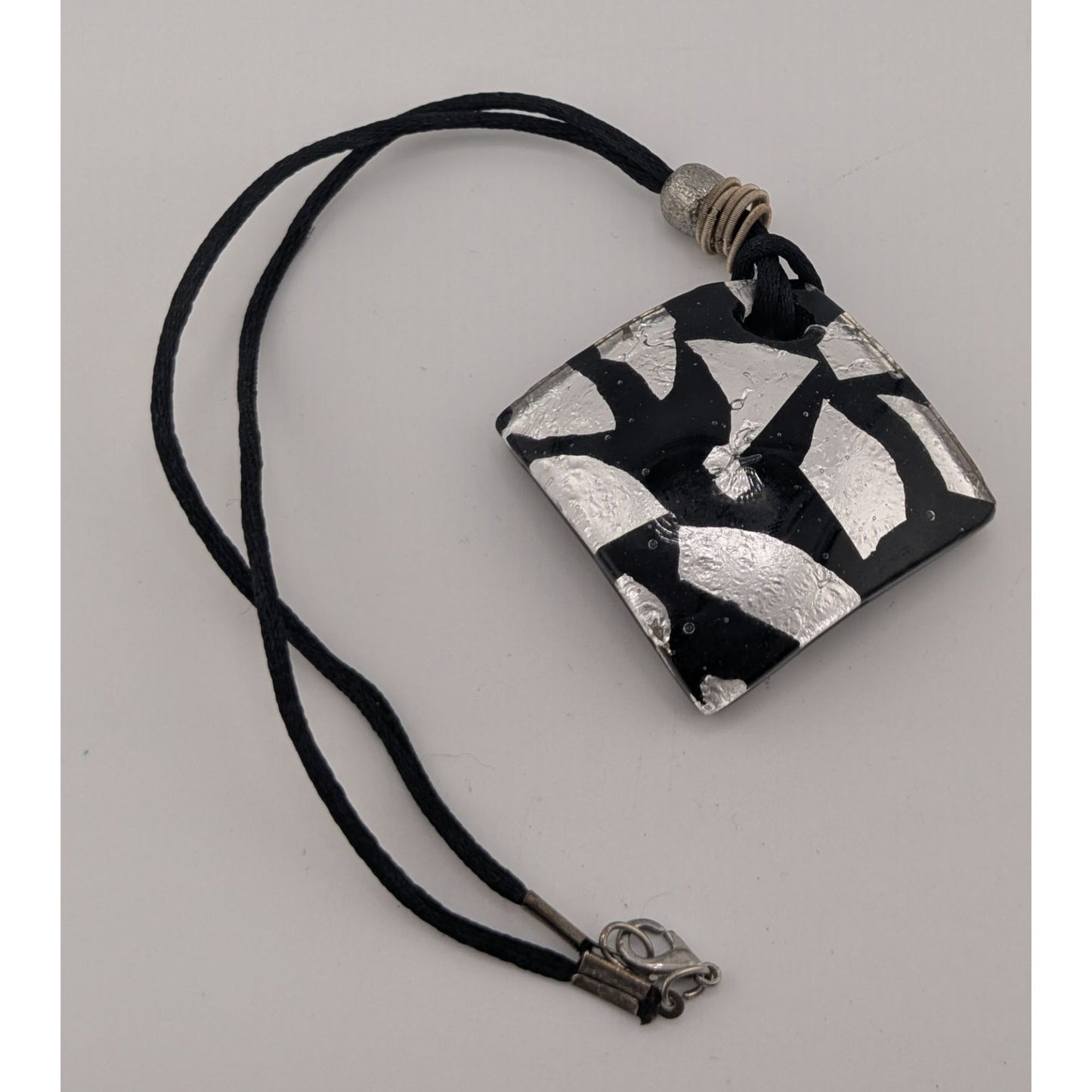 Vintage Black & Silver Abstract Glass Pendant Necklace