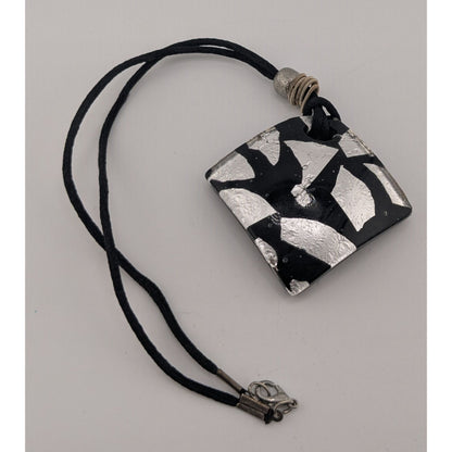 Vintage Black & Silver Abstract Glass Pendant Necklace