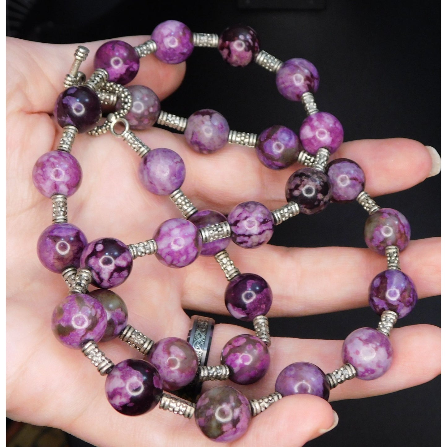 Whimsical Dyed Purple Agate Necklace With Silver Tone Accents