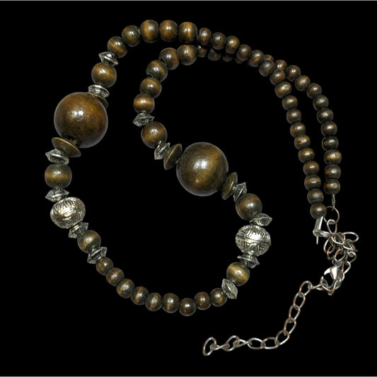 Vintage Wooden Beaded Necklace With Silver-Tone Accents & Adjustable Chain