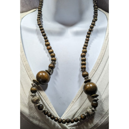 Vintage Wooden Beaded Necklace With Silver-Tone Accents & Adjustable Chain