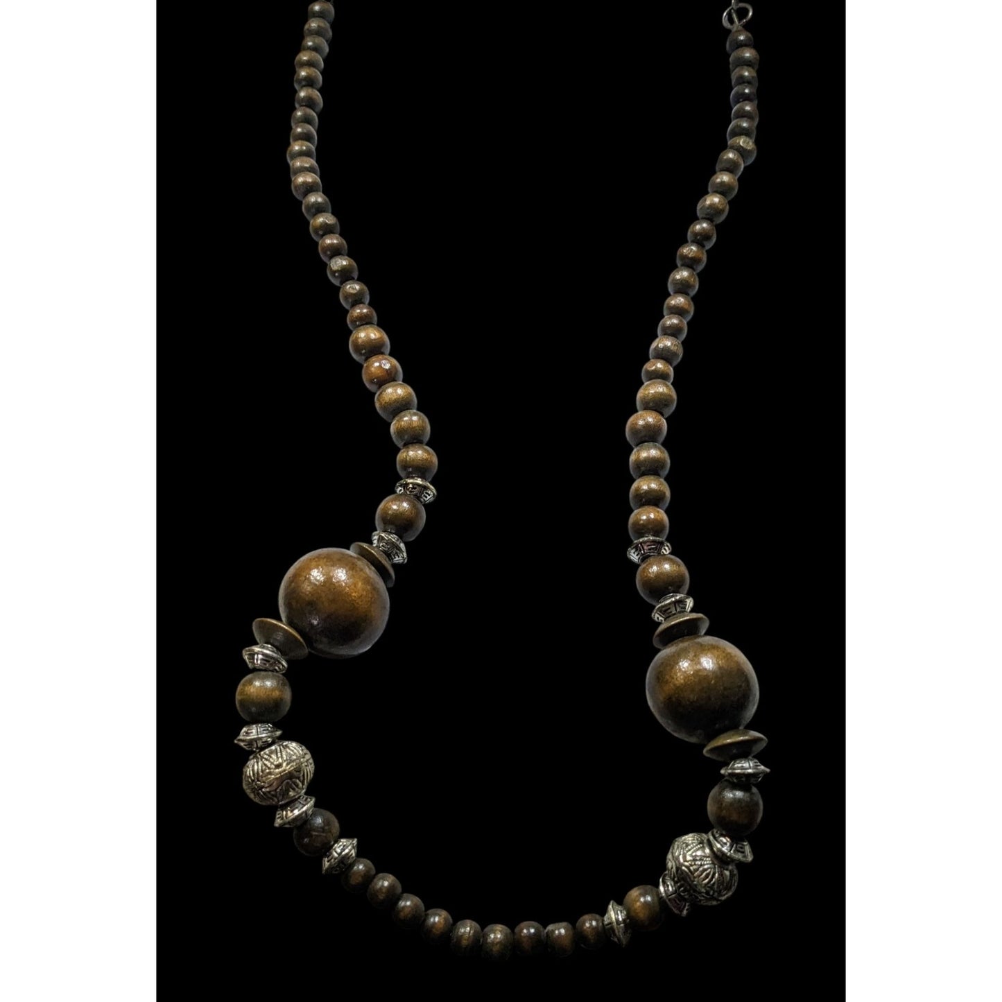 Vintage Wooden Beaded Necklace With Silver-Tone Accents & Adjustable Chain