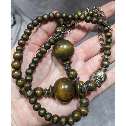 Vintage Wooden Beaded Necklace With Silver-Tone Accents & Adjustable Chain