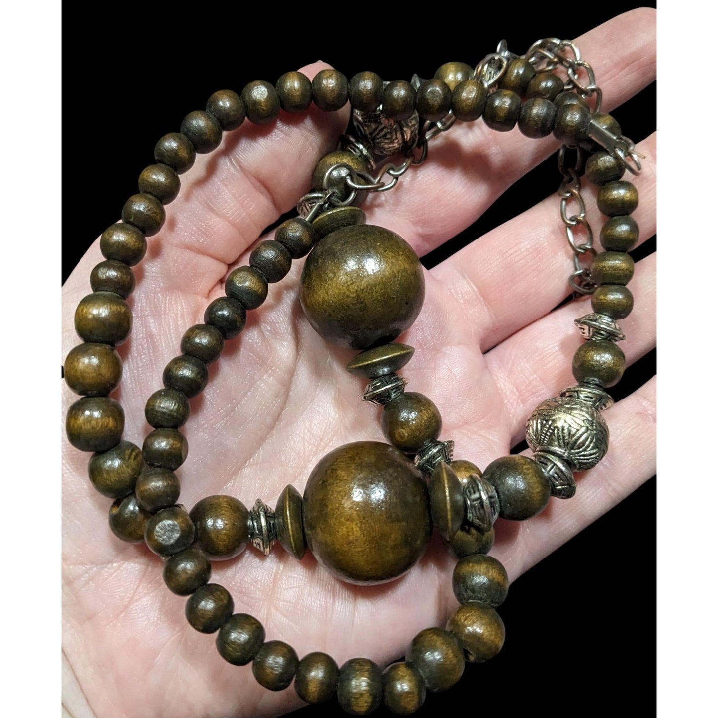 Vintage Wooden Beaded Necklace With Silver-Tone Accents & Adjustable Chain
