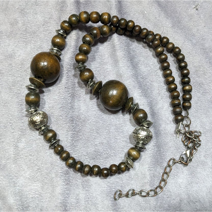Vintage Wooden Beaded Necklace With Silver-Tone Accents & Adjustable Chain