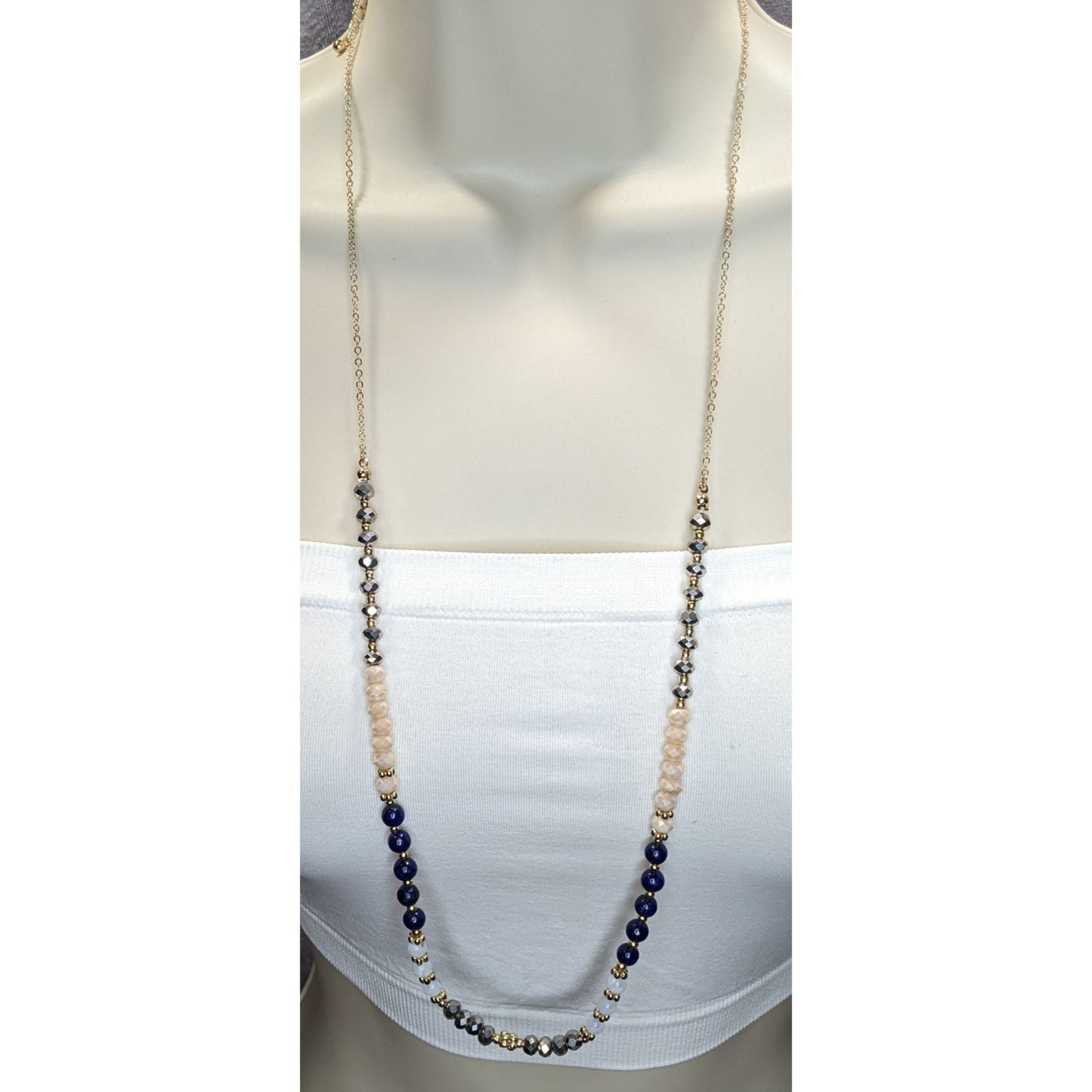 NWT Multicolor Beaded Necklace Gold Tone Long Statement Necklace Blue Gray Neutral Boho Preppy