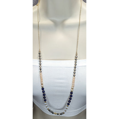 NWT Multicolor Beaded Necklace Gold Tone Long Statement Necklace Blue Gray Neutral Boho Preppy