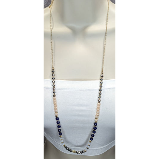NWT Multicolor Beaded Necklace Gold Tone Long Statement Necklace Blue Gray Neutral Boho Preppy
