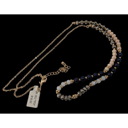 NWT Multicolor Beaded Necklace Gold Tone Long Statement Necklace Blue Gray Neutral Boho Preppy