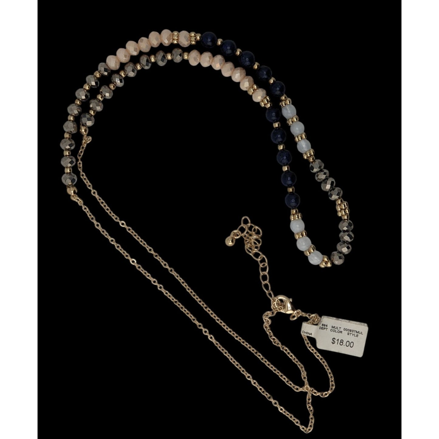 NWT Multicolor Beaded Necklace Gold Tone Long Statement Necklace Blue Gray Neutral Boho Preppy