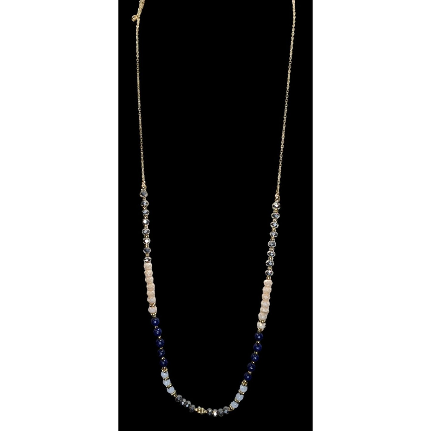 NWT Multicolor Beaded Necklace Gold Tone Long Statement Necklace Blue Gray Neutral Boho Preppy