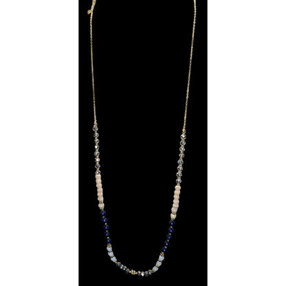 NWT Multicolor Beaded Necklace Gold Tone Long Statement Necklace Blue Gray Neutral Boho Preppy