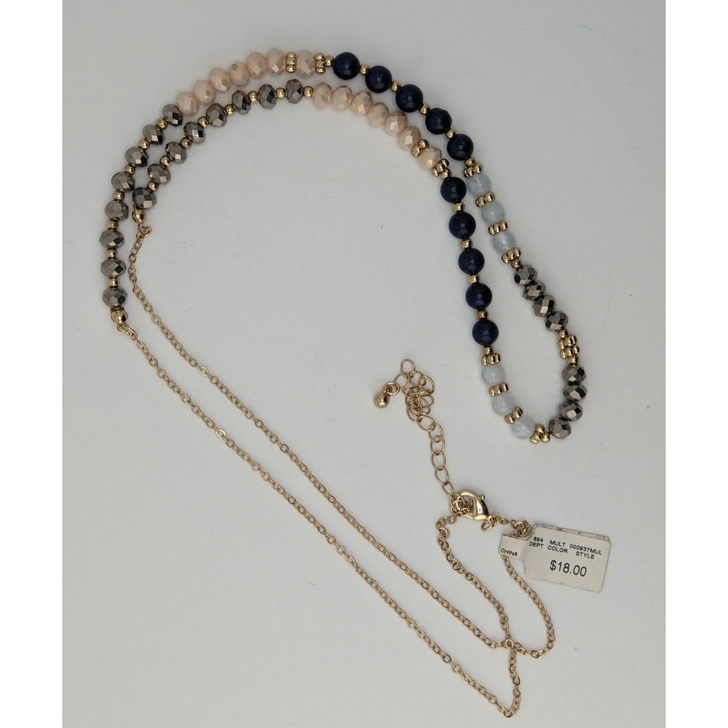 NWT Multicolor Beaded Necklace Gold Tone Long Statement Necklace Blue Gray Neutral Boho Preppy