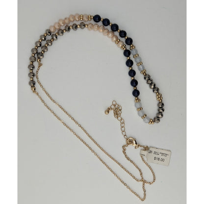 NWT Multicolor Beaded Necklace Gold Tone Long Statement Necklace Blue Gray Neutral Boho Preppy