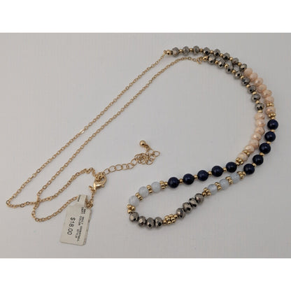 NWT Multicolor Beaded Necklace Gold Tone Long Statement Necklace Blue Gray Neutral Boho Preppy