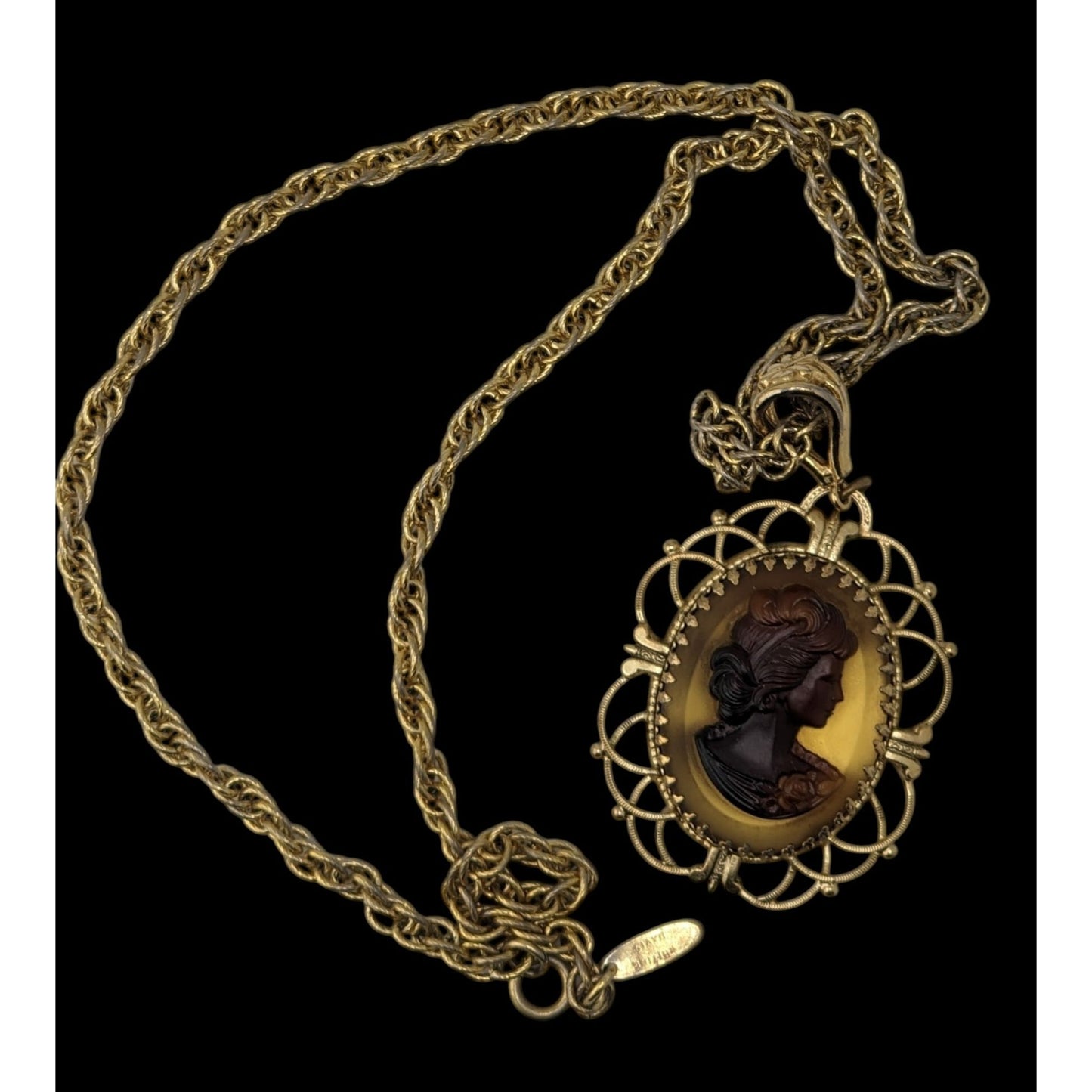 Vintage Whiting & Davis Cameo Necklace Gold Tone Victorian Revival Filigree Pendant