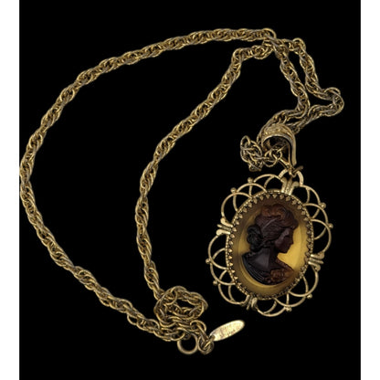 Vintage Whiting & Davis Cameo Necklace Gold Tone Victorian Revival Filigree Pendant